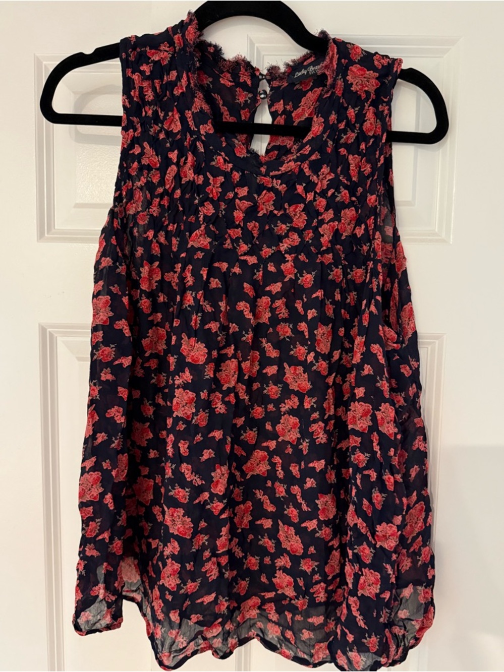 Lucky Brand Sleeveless Navy Floral Blouse with Pink Roses | 2XL